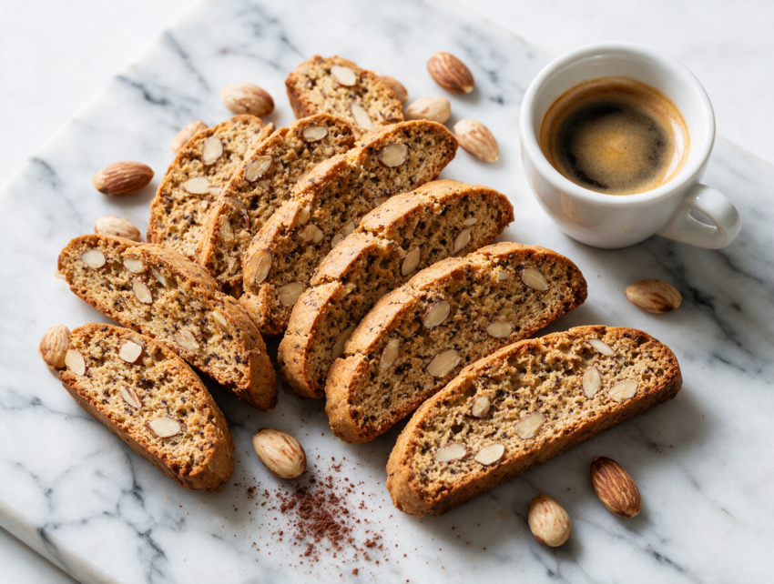 Sliced espresso almond biscotti fanned on a marble board with loose almonds and a small espresso cup, morning light.