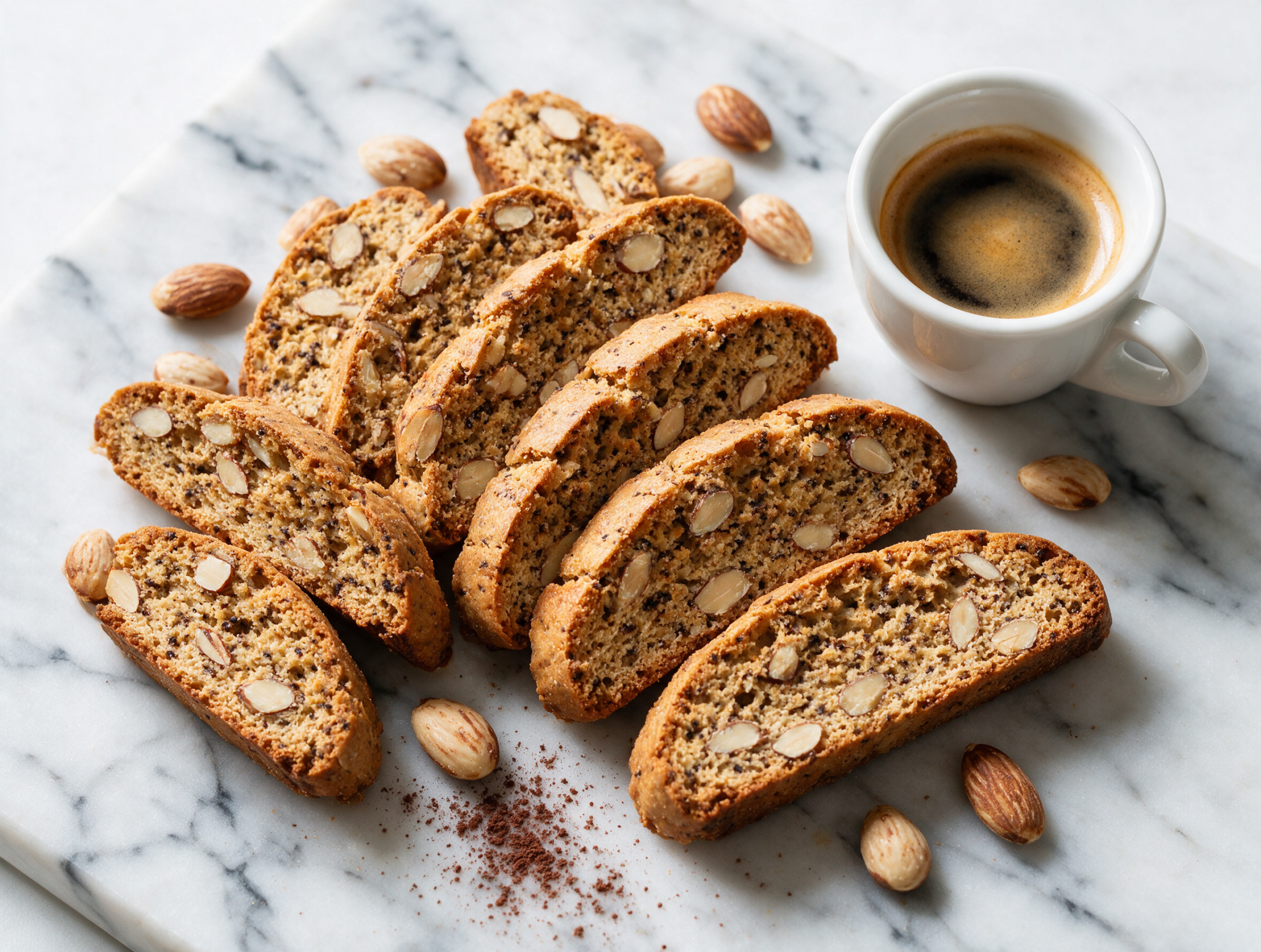 Sliced espresso almond biscotti fanned on a marble board with loose almonds and a small espresso cup, morning light.