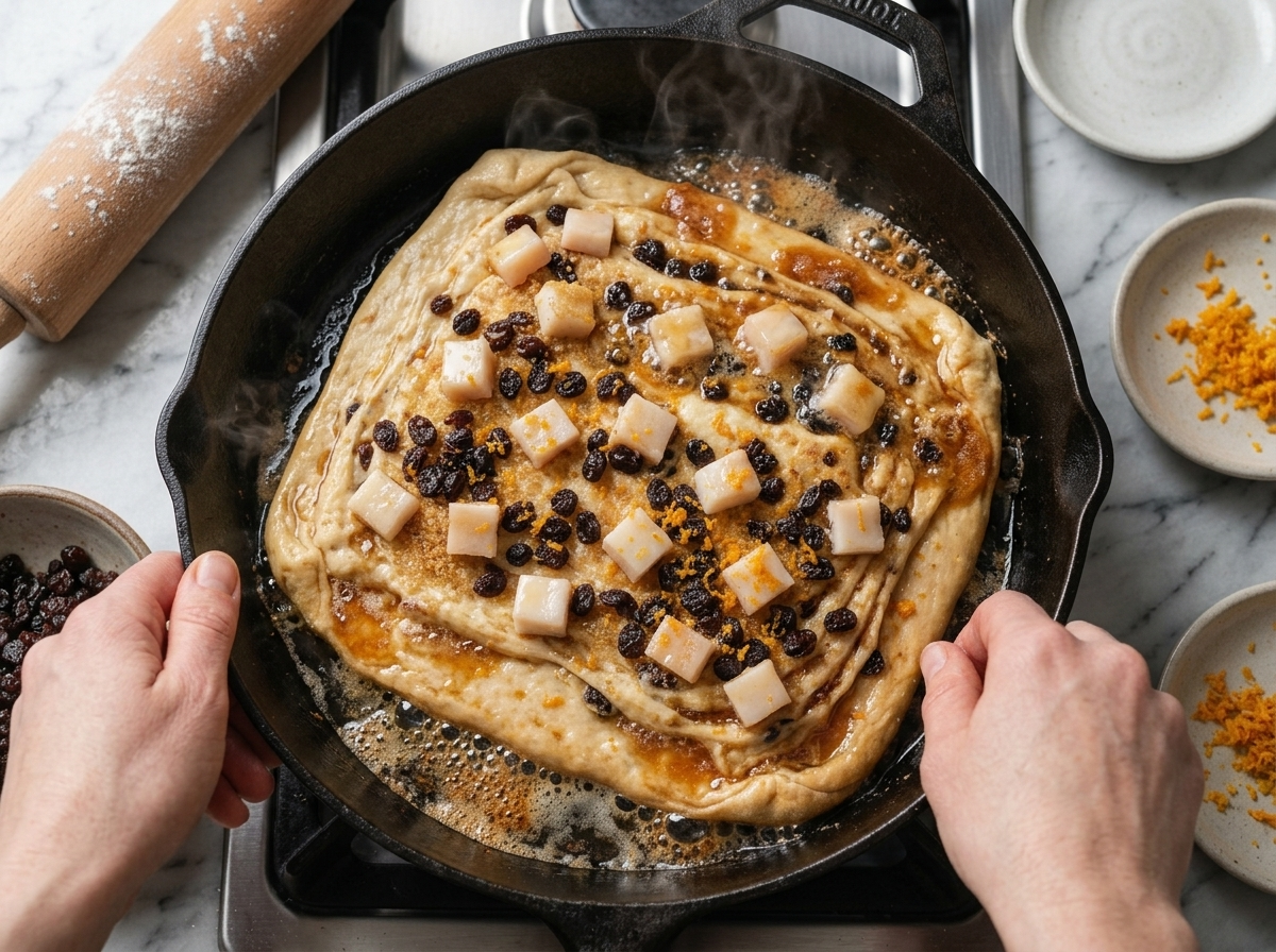 Hands folding cold lard cubes and sugared currants into rolled bread dough on a floured countertop