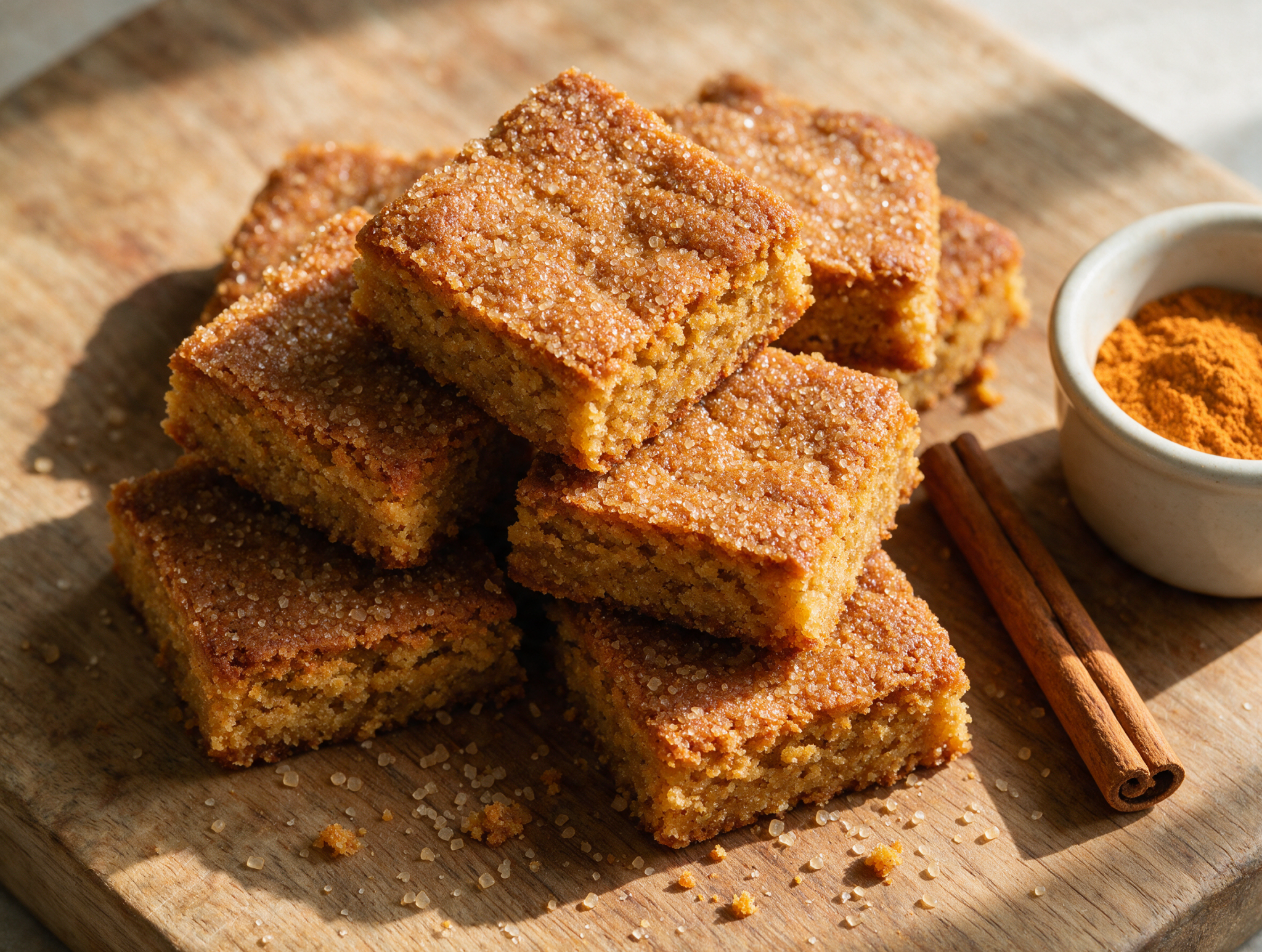 Overhead view of golden Grasmere gingerbread squares stacked on a wooden board with visible crumbly edges and sugar crystals