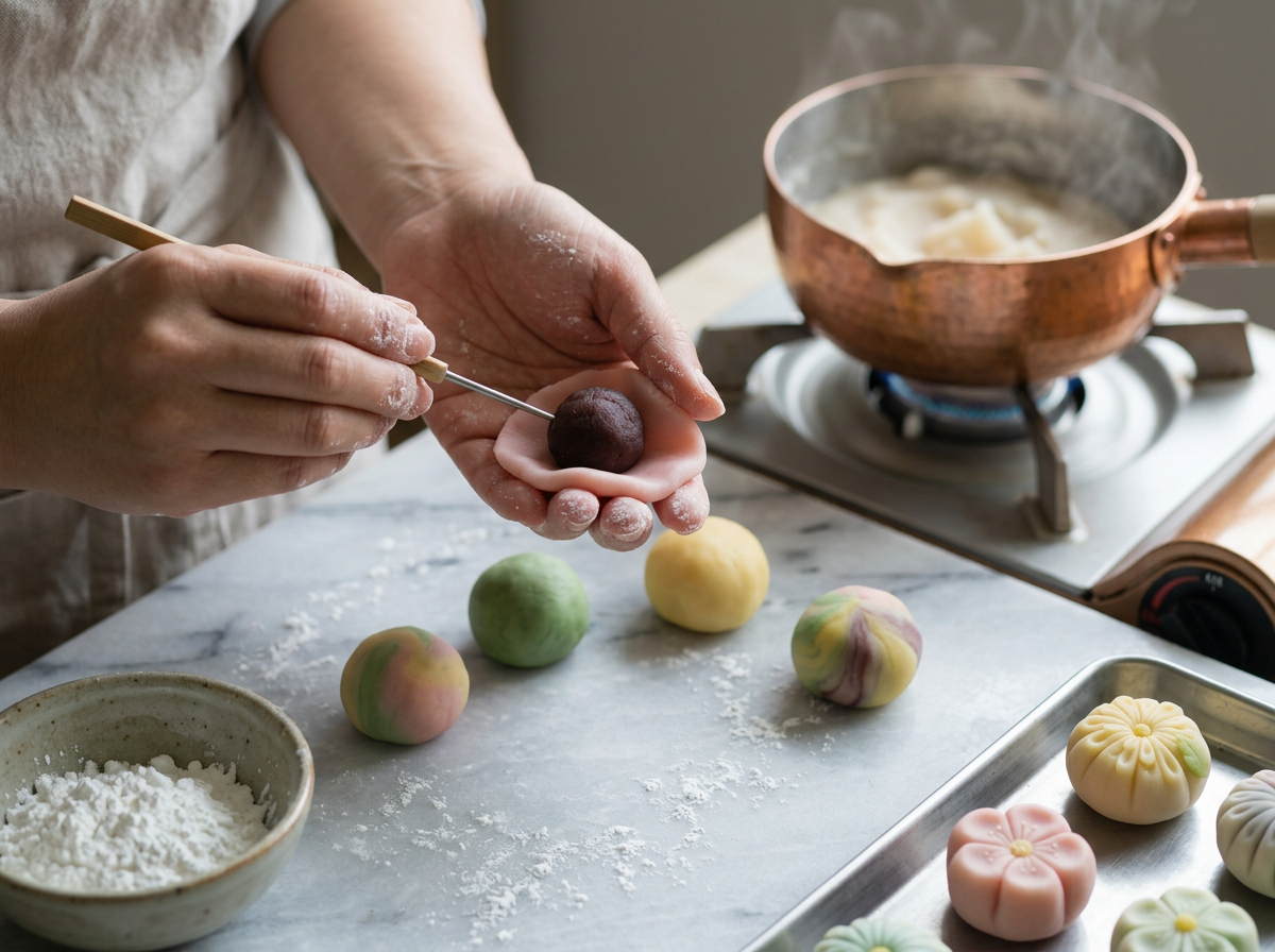 Hands shaping pink nerikiri dough around a red bean filling ball, cornstarch dusted across the marble counter