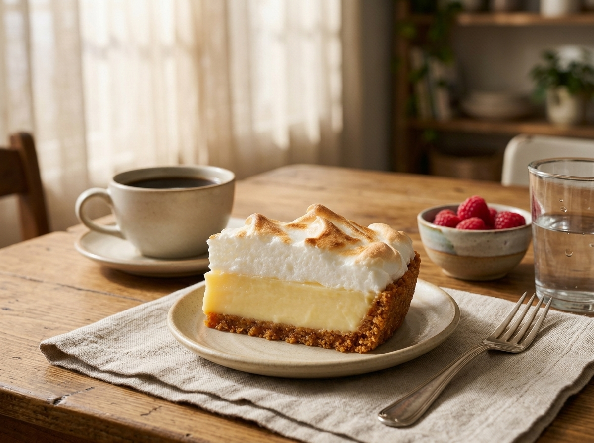 A plated slice of flapper pie with coffee and fresh raspberries set on a linen napkin at the table