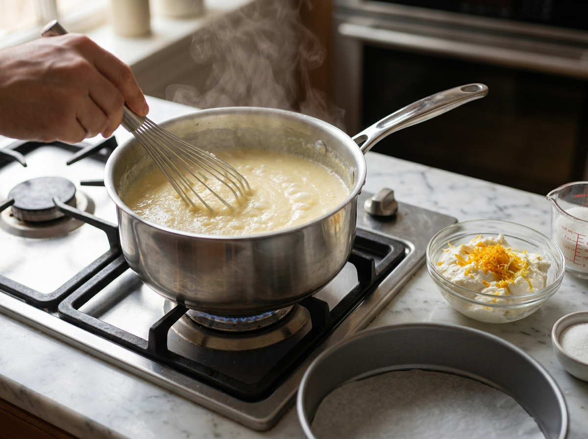 Whisking fine semolina into simmering milk in a saucepan, porridge thickening into a smooth, pale yellow mixture.