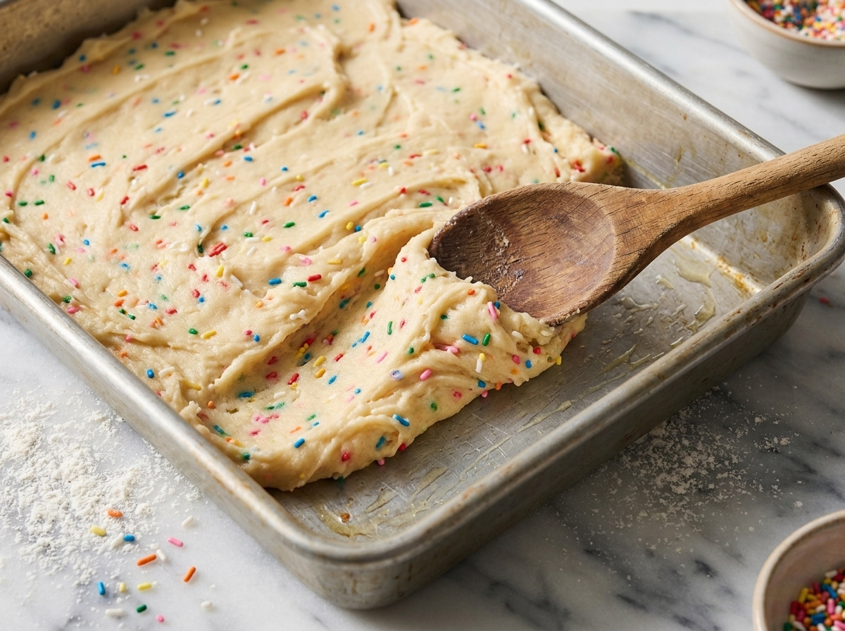 Thick vanilla sugar cookie dough studded with sprinkles being pressed evenly into a metal baking pan before baking.
