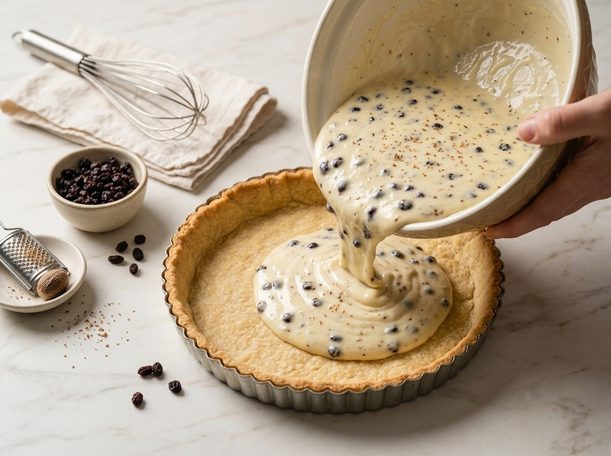 Hands pouring curd and currant filling into a blind-baked pastry shell inside a tart tin on a marble counter