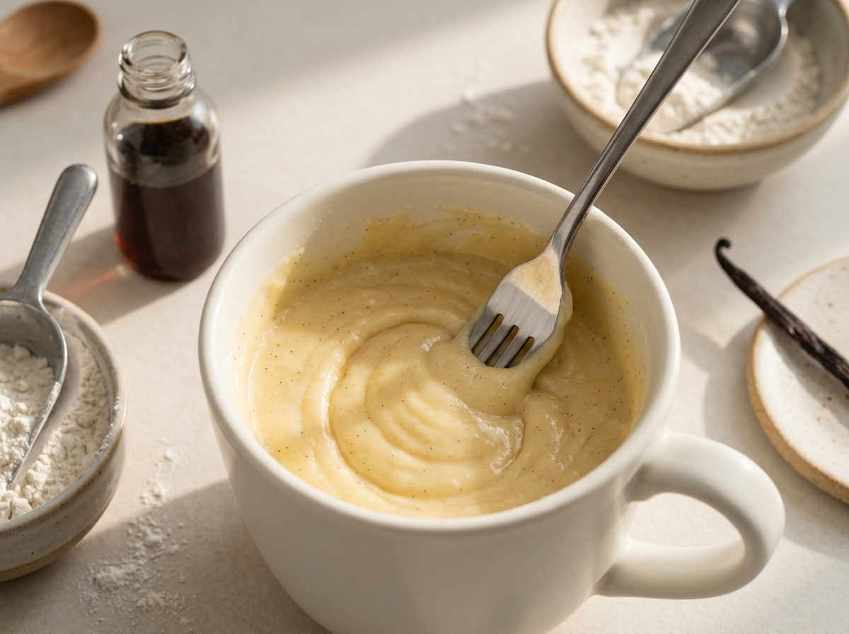 Fork stirring smooth vanilla cake batter inside a mug on a kitchen counter before microwaving
