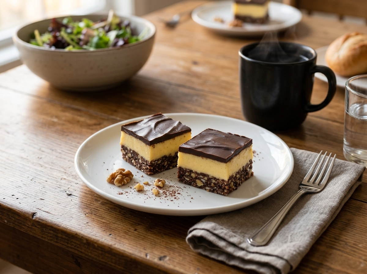 A plate with two Nanaimo bars beside a mug of black coffee on a linen napkin at a wood table