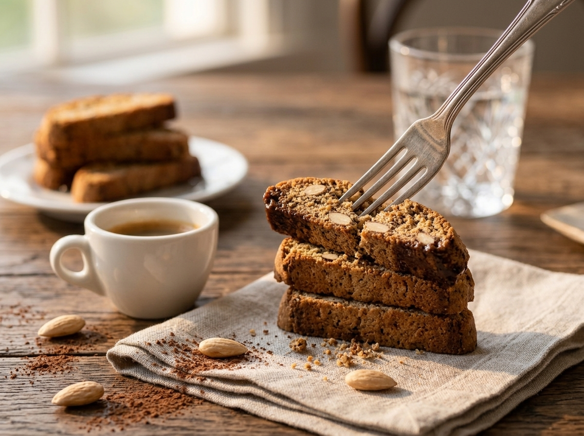 A hand dunking an espresso almond biscotto into a small coffee cup at a rustic wooden table with a linen napkin.