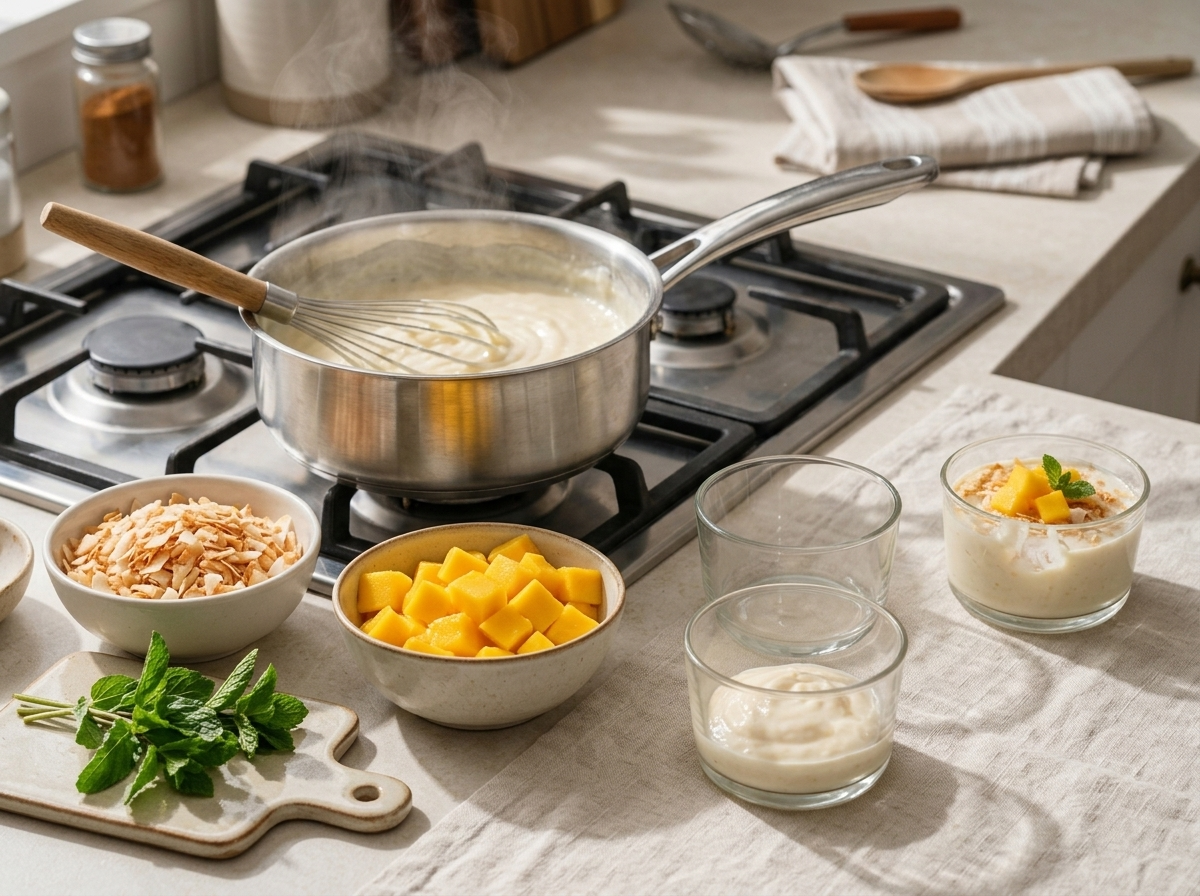 Coconut pudding thickening in a saucepan while being whisked, glossy texture visible with steam rising over the stove