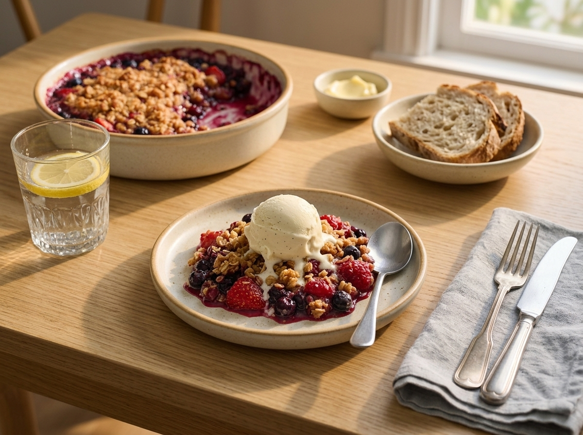 A small plate of warm berry crisp topped with melting vanilla ice cream, spoon and linen napkin on a sunlit table