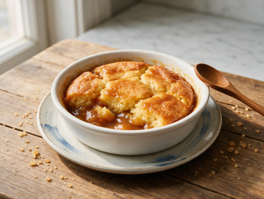 Overhead view of baked pouding chômeur in a square dish, golden cake cracked open over dark bubbling maple sauce.