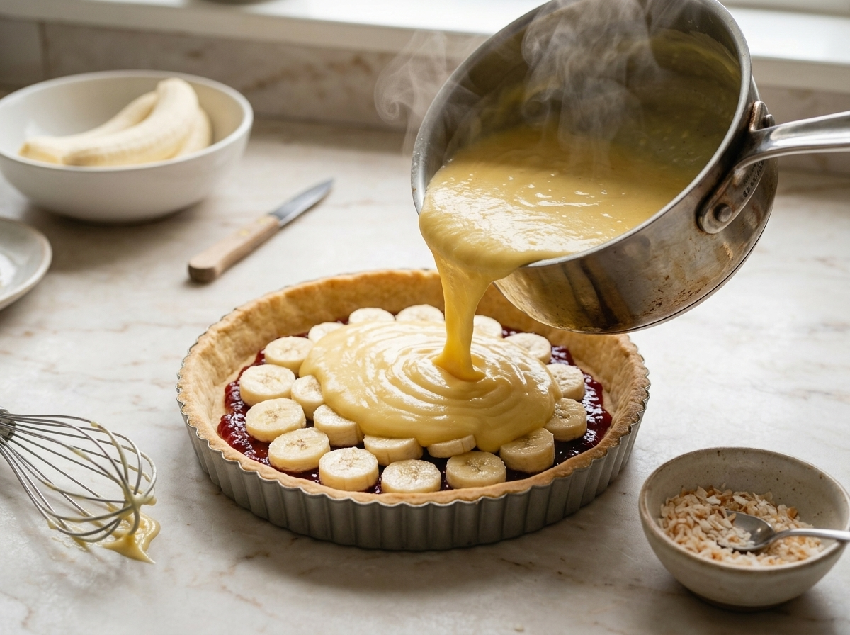 Pouring warm custard over sliced bananas in a baked pastry shell set inside a fluted tart tin