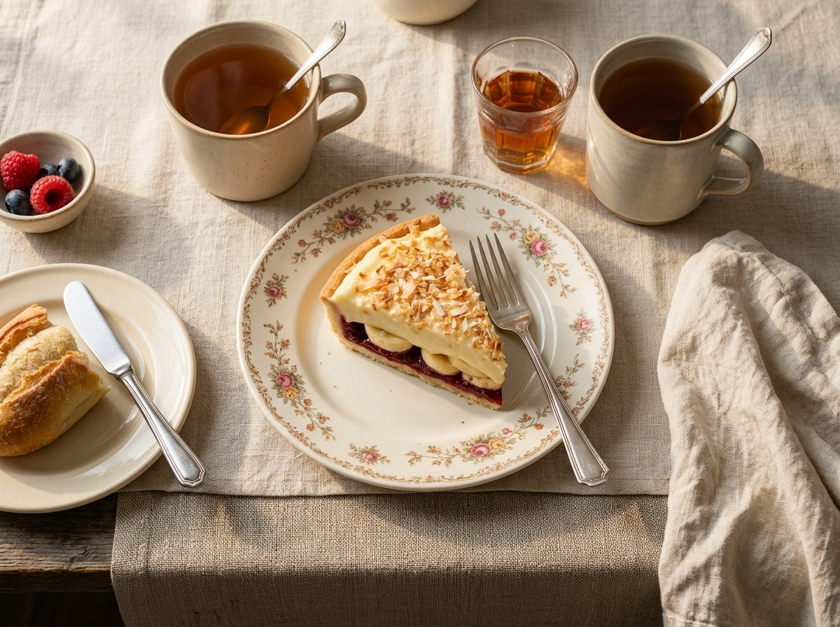 A wedge of Manchester tart on a floral plate beside a steaming mug of tea on a linen tablecloth
