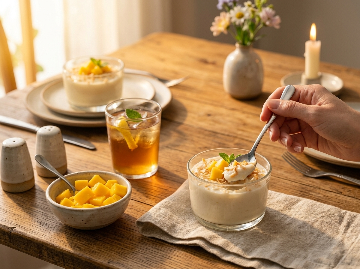 A hand dipping a spoon into a coconut pudding cup at a wooden table set with iced tea and fresh mango slices
