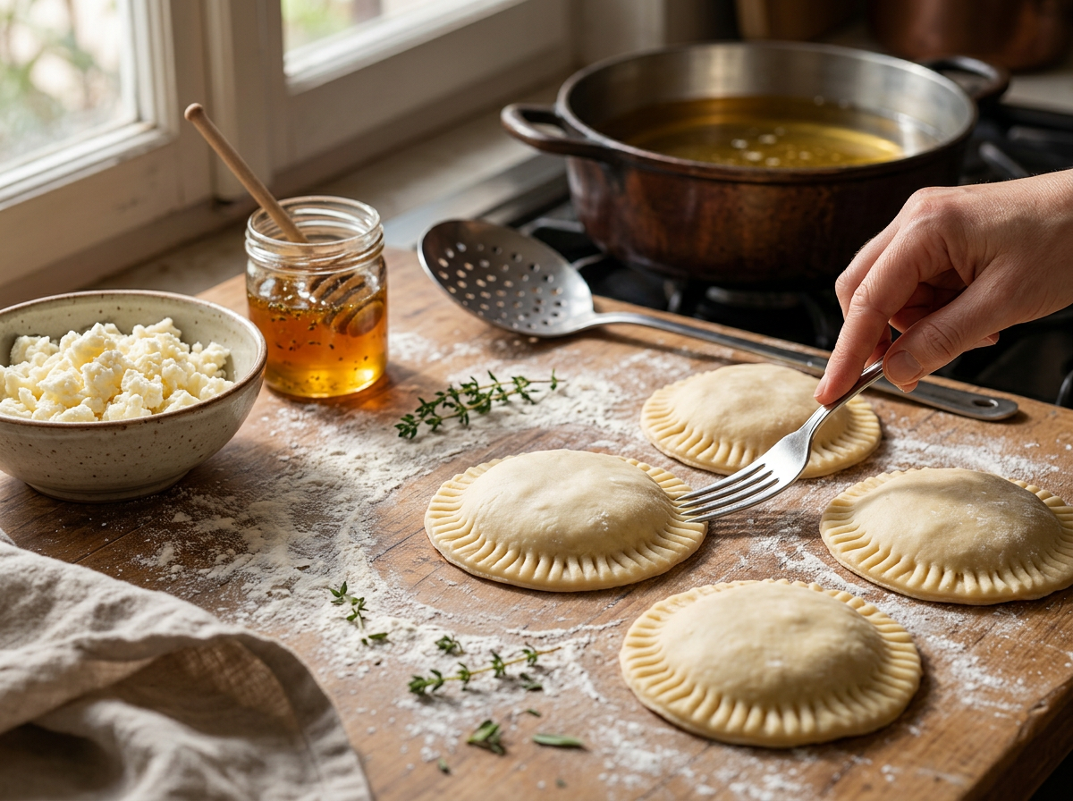 Two hands sealing a pecorino-filled dough round with a fork before it's lowered into hot frying oil in a dark pot