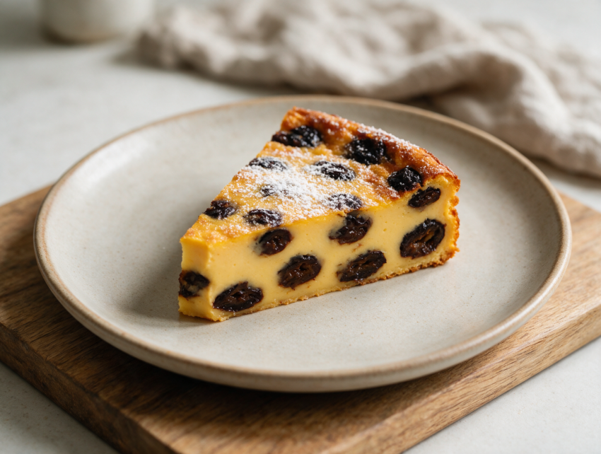 Sliced far breton on a wooden board showing golden custard studded with rum-soaked prunes and a dusting of powdered sugar