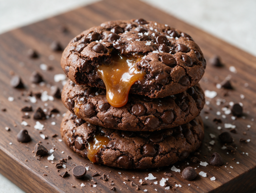 Stacked double chocolate caramel cookies on a dark wood board, caramel oozing from cracked centers under warm light.
