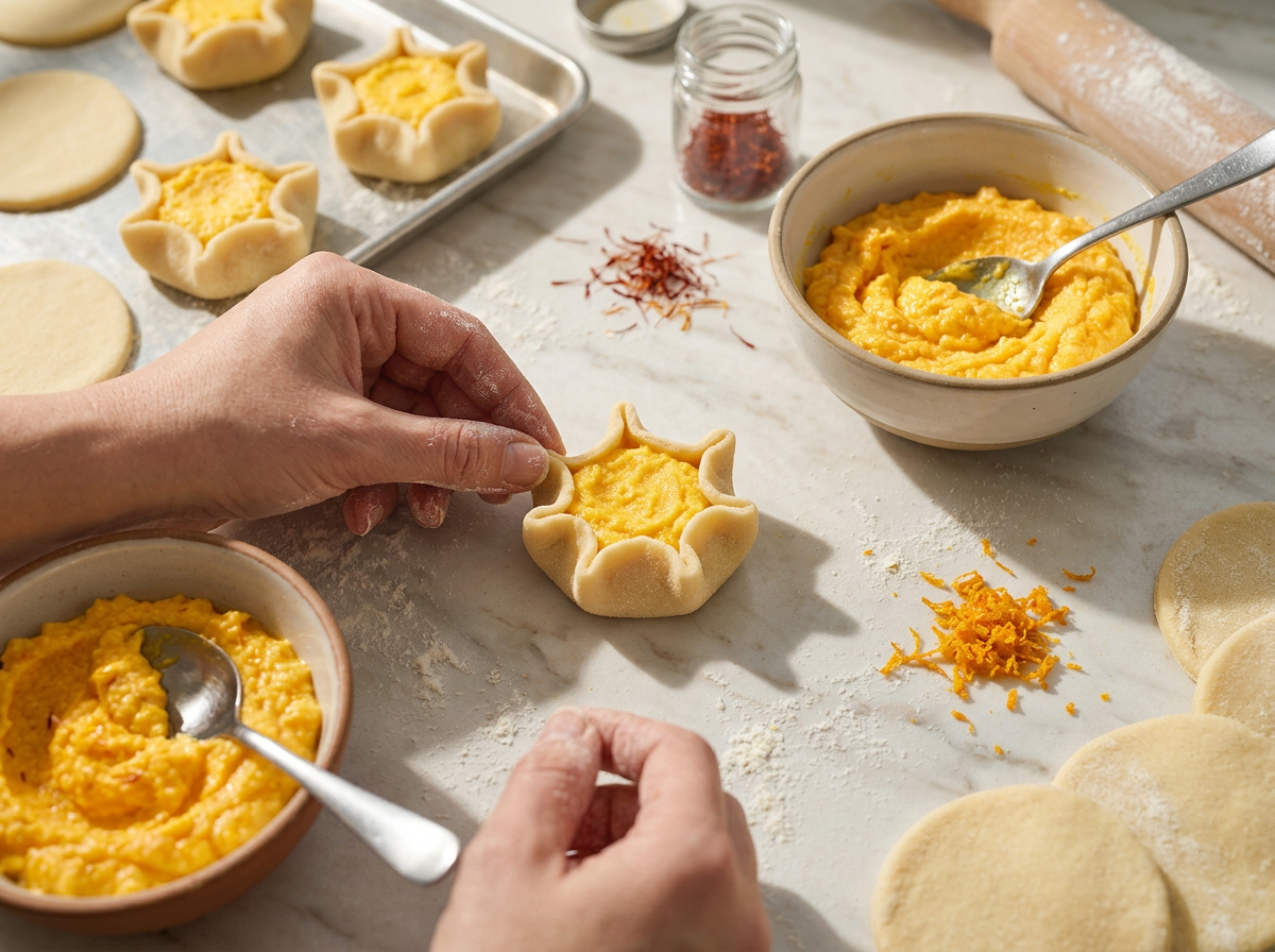 Hands pinching semolina dough into crown shapes around saffron ricotta filling on a floured marble counter