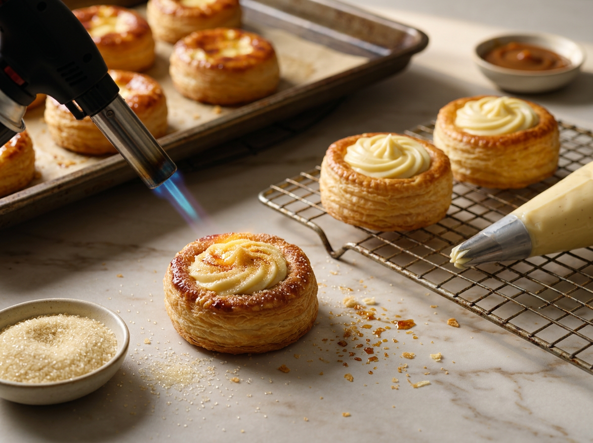 Kitchen torch caramelizing sugar over piped vanilla pastry cream inside a baked puff pastry cup on a sheet pan.