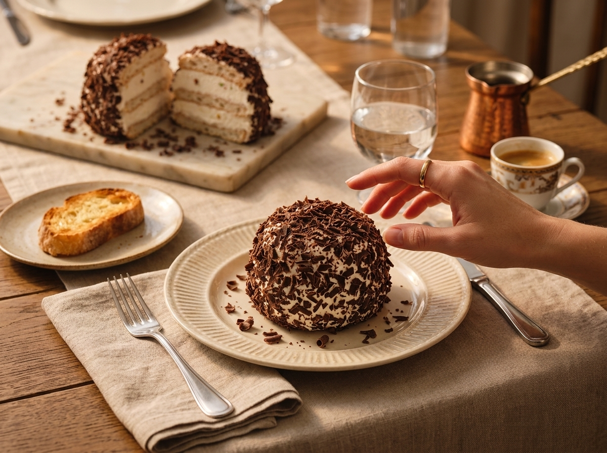 A woman's hand reaches for a merveilleux cake on a linen-covered table set with espresso cups and a coffee pot.