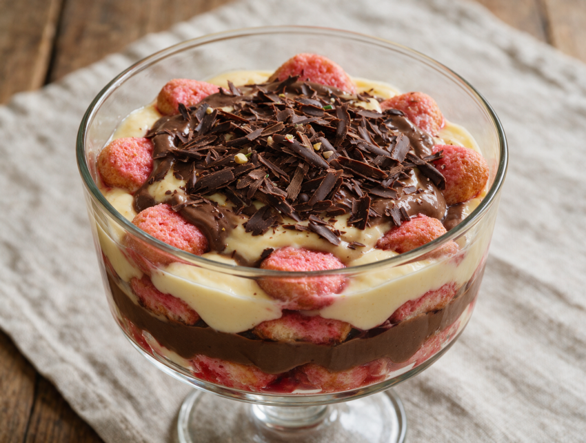 Layered zuppa inglese trifle showing pink ladyfinger, vanilla custard, and chocolate custard bands in a glass dish