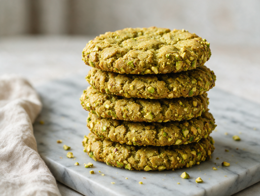 Stack of thick bakery-style pistachio cookies with crackled tops on a marble board, chopped pistachios scattered around