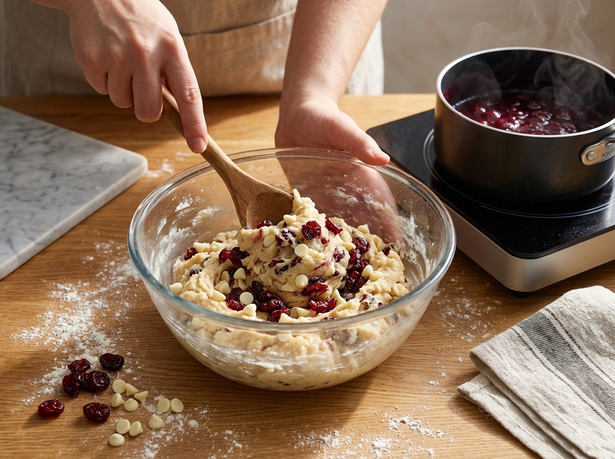 Hands folding chopped dried cherries and white chocolate chips into pale cookie dough in a glass bowl.