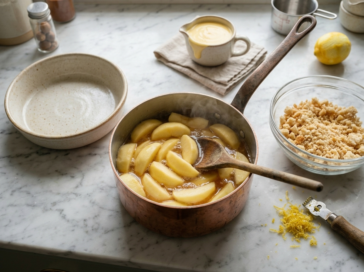 Sliced apples simmering with lemon zest in a saucepan while a wooden spoon stirs the softening fruit