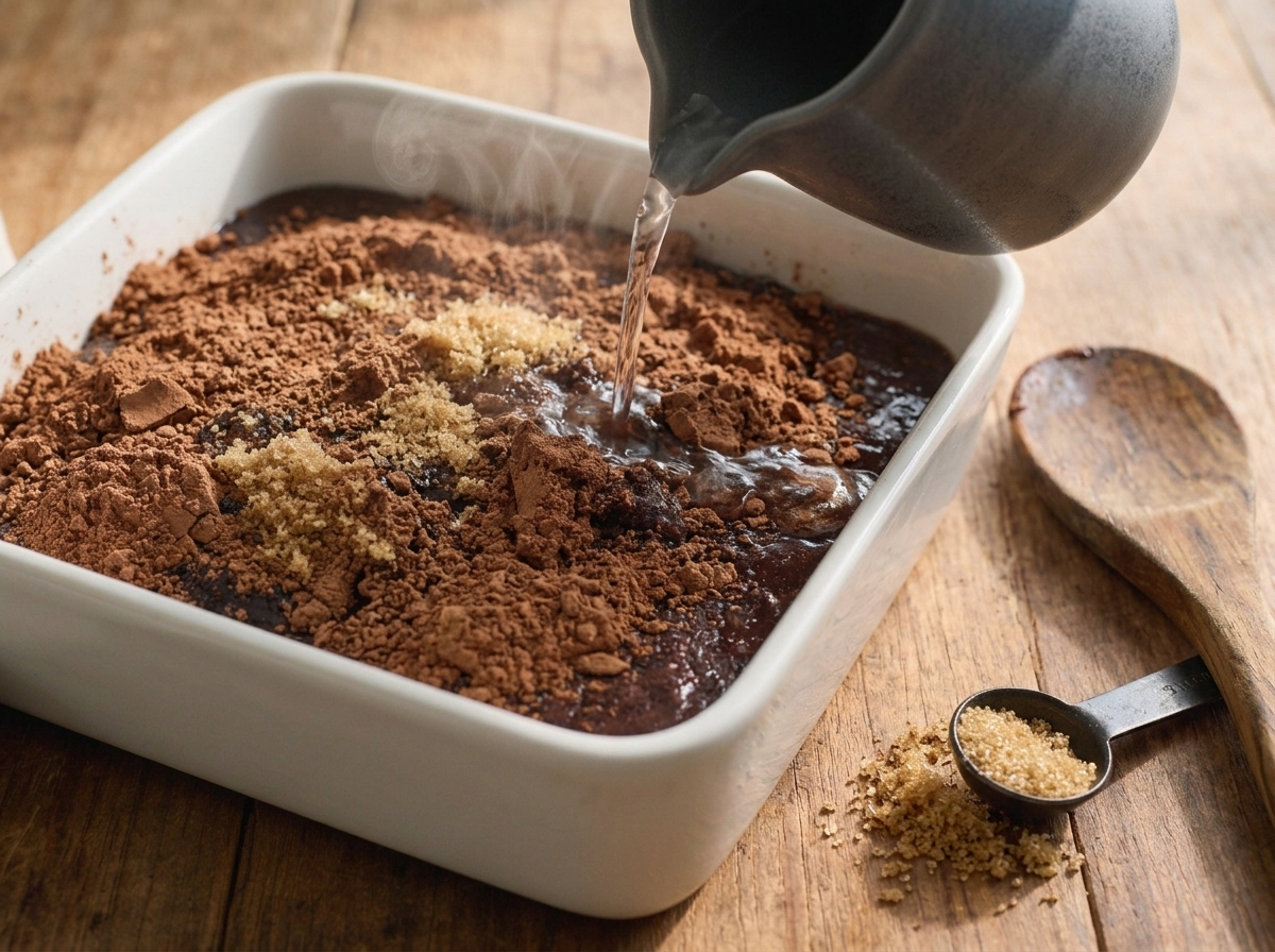 Hot water being poured over cocoa and sugar topping on unbaked chocolate cobbler batter in a square dish.