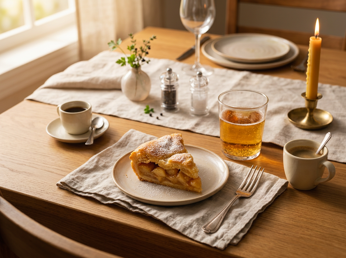 A slice of pompe aux pommes on a linen napkin beside a glass of cider and an espresso cup in morning light