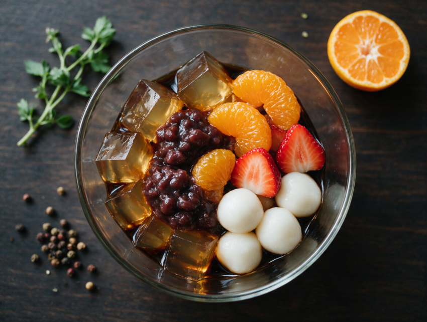 Glass bowl of anmitsu with amber kanten jelly cubes, red bean paste, mandarin, and dango, kuromitsu syrup pooling underneath on a wooden table