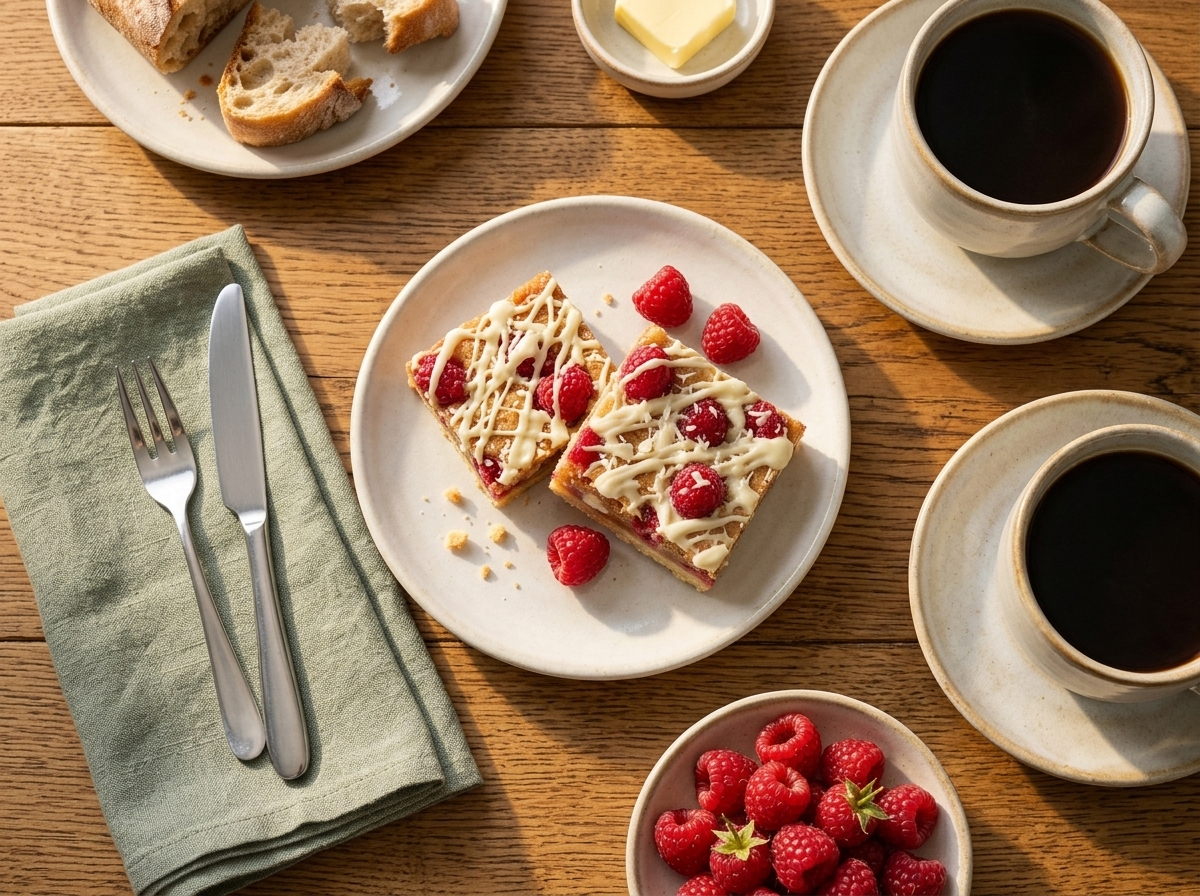 Two raspberry white chocolate bars on a linen napkin beside coffee cups on a sunlit wooden table.