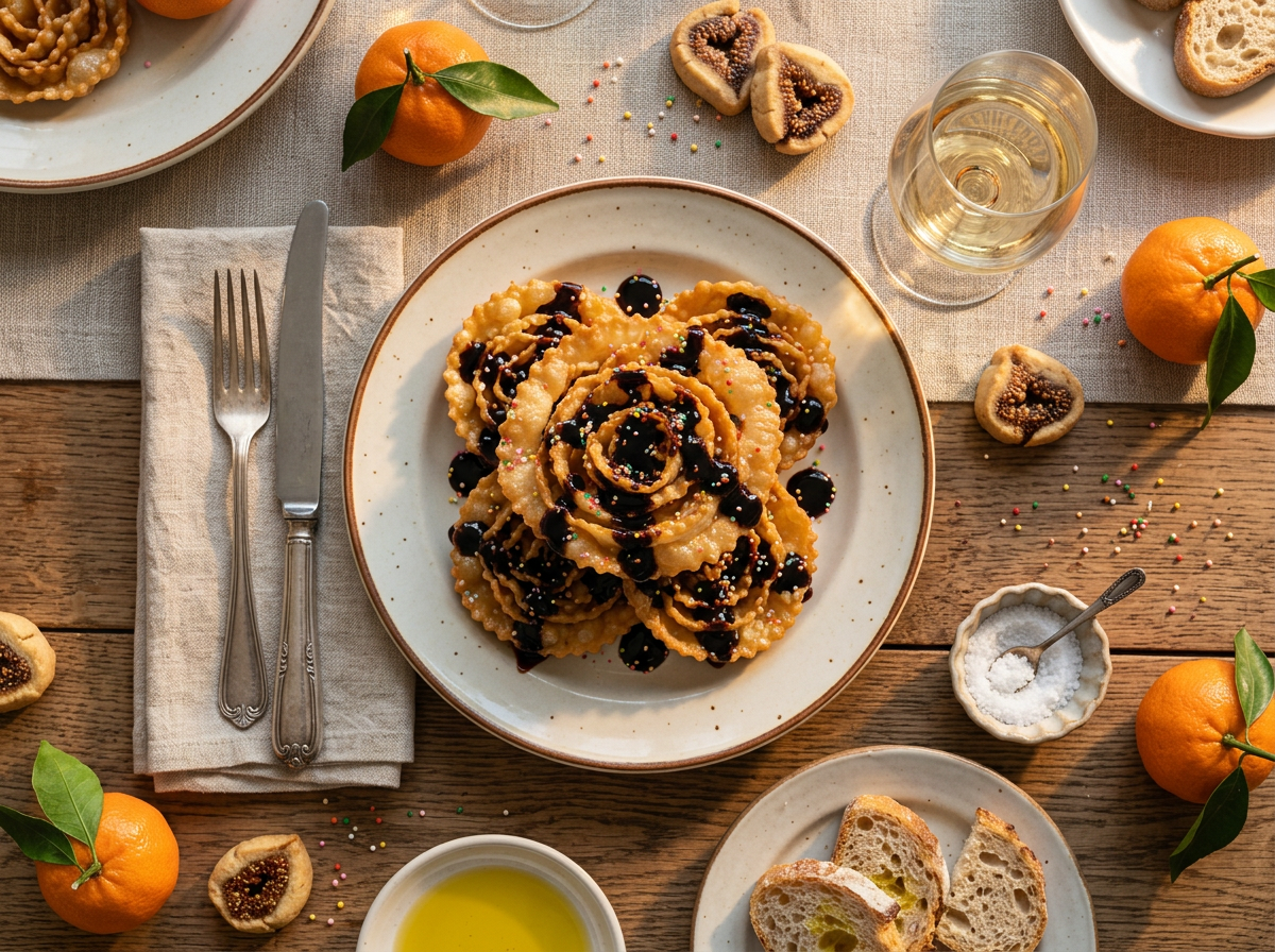 Linen-set Christmas table with a plate of cartellate Pugliese, moscato wine, clementines, and fig cookies nearby