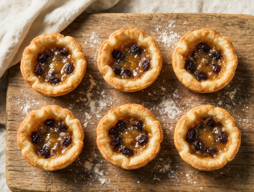 Golden Canadian butter tarts cooling on a wire rack with glossy caramel filling and visible raisins in a rustic kitchen