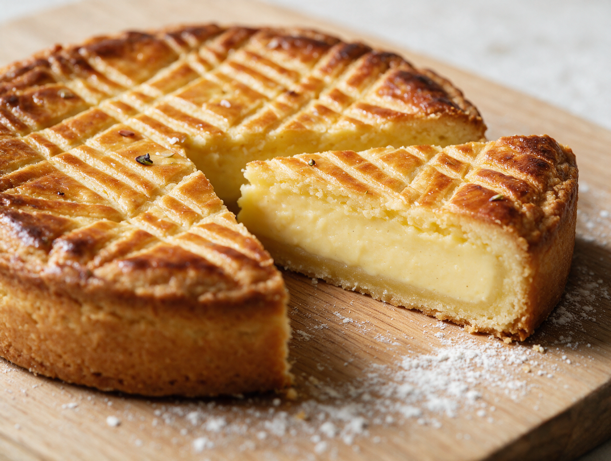 Sliced Gateau Basque on a wooden board showing the golden crosshatch crust and thick vanilla custard center.