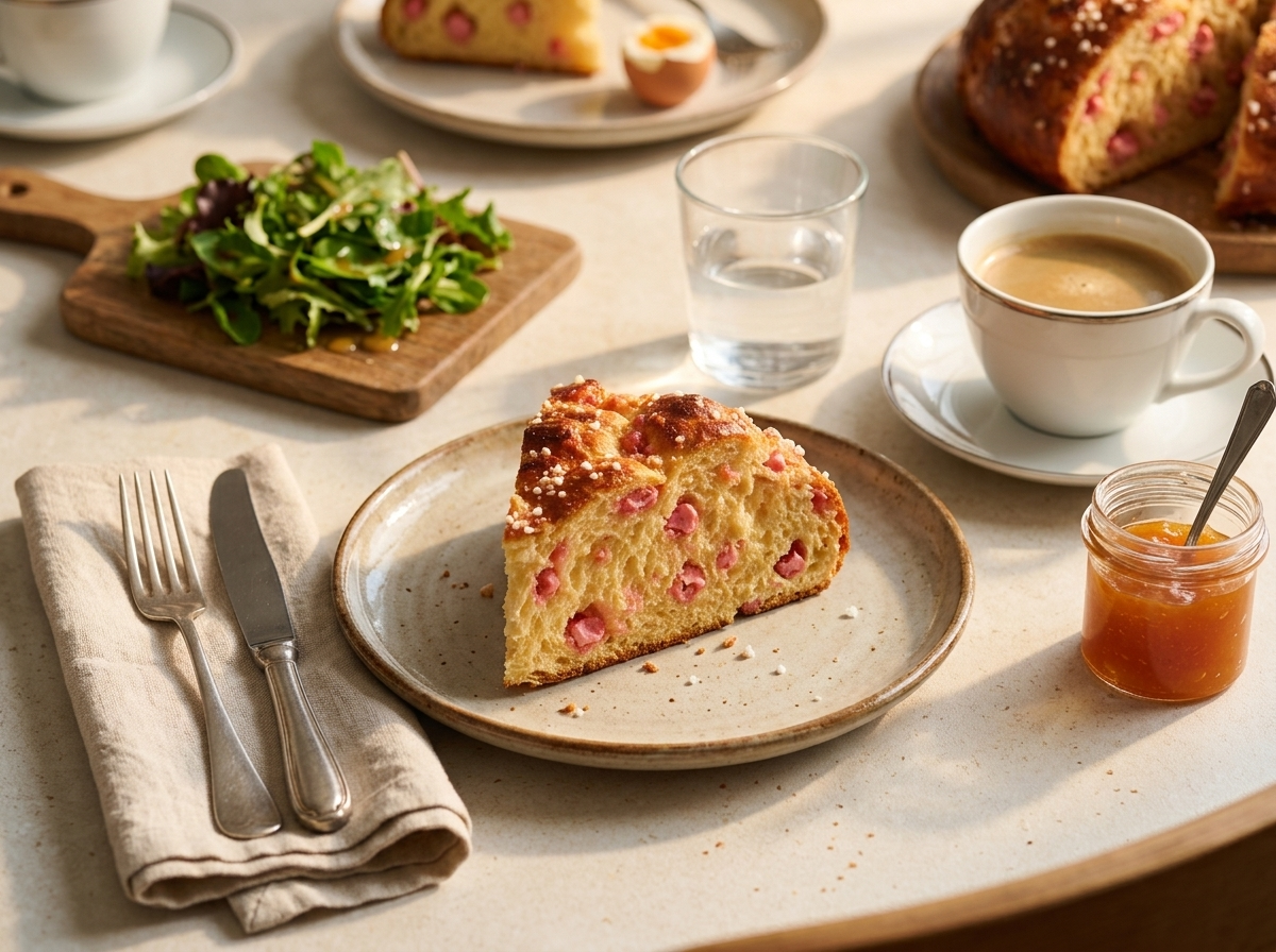 Coffee cup and linen napkin beside a sliced brioche praluline on a rustic table in soft morning light.
