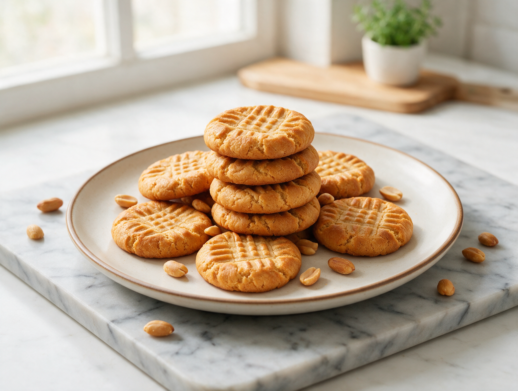 Golden peanut butter cookies with crackled fork-tine tops stacked on a marble board beside a glass of milk.