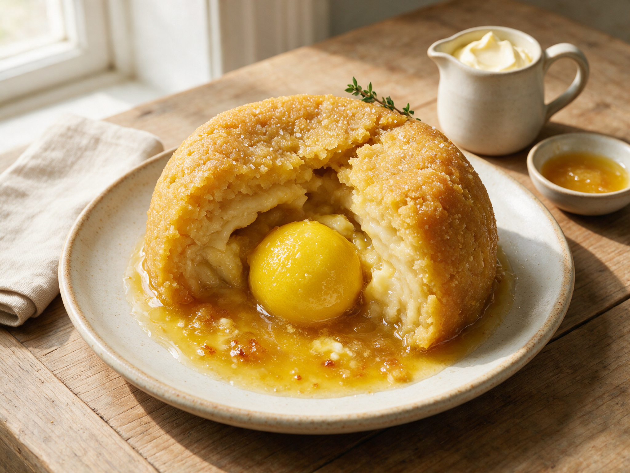 Halved Sussex pond pudding on a ceramic plate with buttery lemon sauce pooling around the softened whole lemon inside.