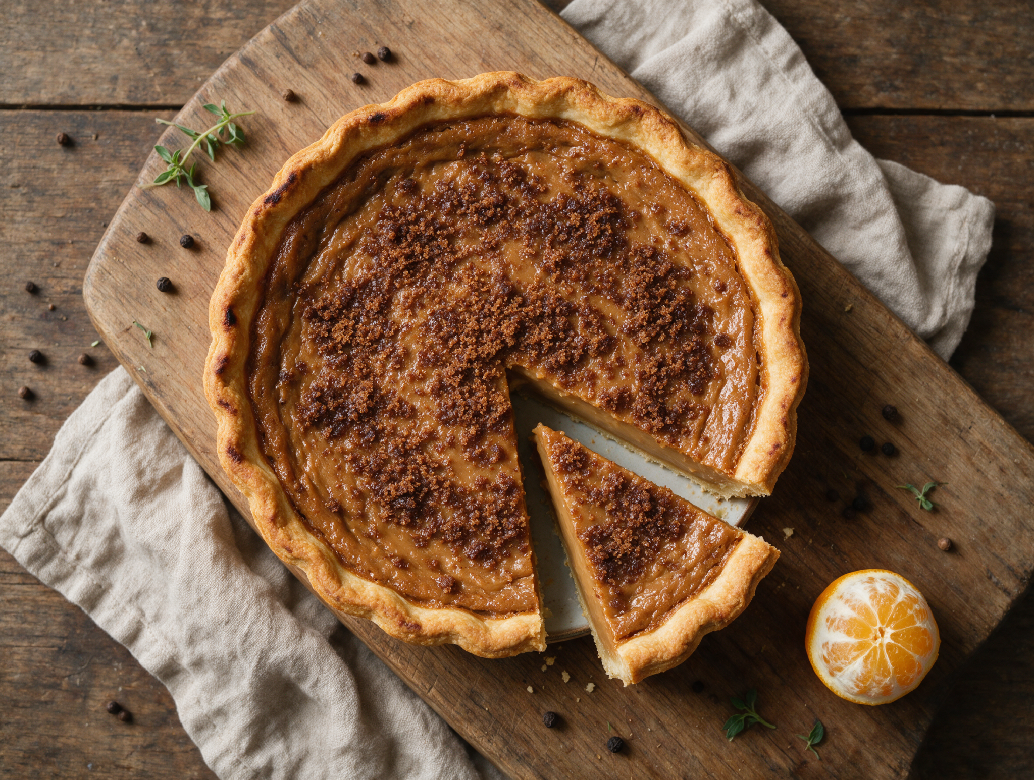 Sliced gypsy tart with caramel-colored muscovado filling and a crisp pastry edge on a rustic wooden board