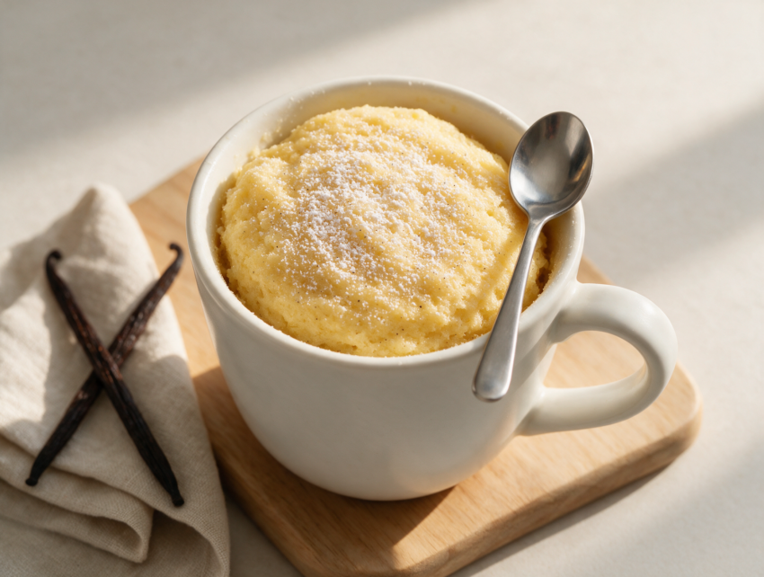 Warm vanilla mug cake in a white mug topped with powdered sugar, on a wooden board with soft morning light
