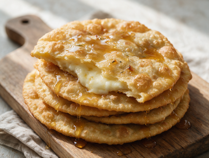 Golden seadas stacked on a rustic wooden board, honey dripping down the sides, melted pecorino visible at the torn edge