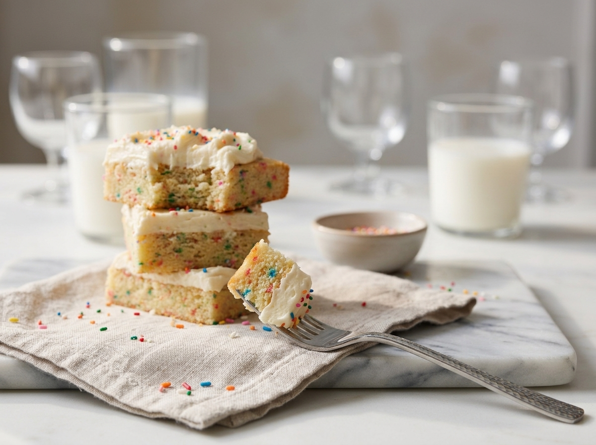 Stack of frosted vanilla sprinkle sugar bars on a linen napkin beside two glasses of milk on a sunlit table.