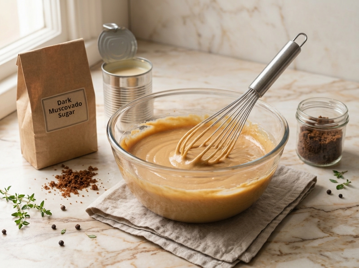 Whisk lifting thick, pale muscovado and evaporated milk filling from a glass bowl on a marble counter