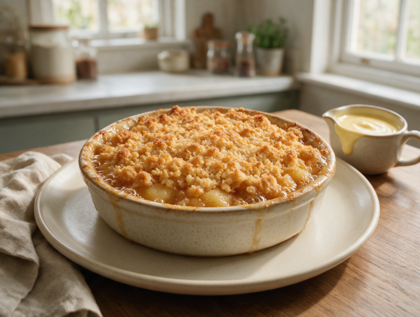 Golden-topped Malvern pudding in a ceramic baking dish with apple juice bubbling at the edges, custard jug alongside