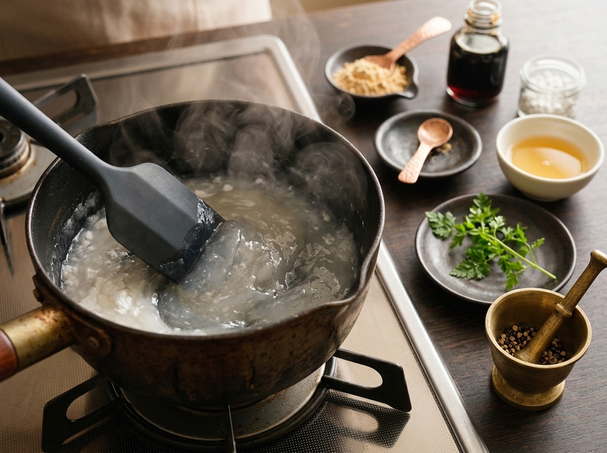 Rubber spatula stirring cloudy kuzu starch mixture as it turns glossy and translucent in a saucepan