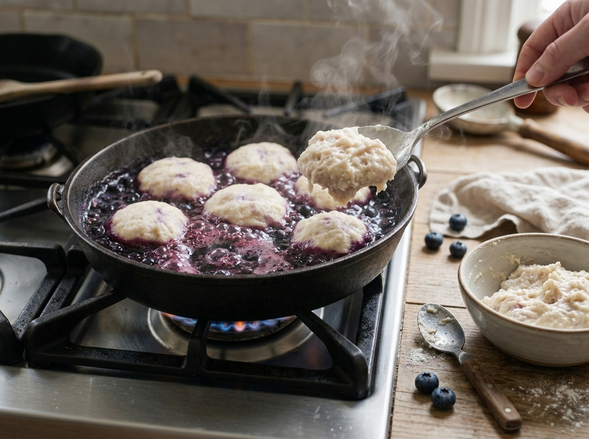 Close-up of dumpling dough being spooned onto bubbling blueberry sauce in a pot, steam rising off the fruit.