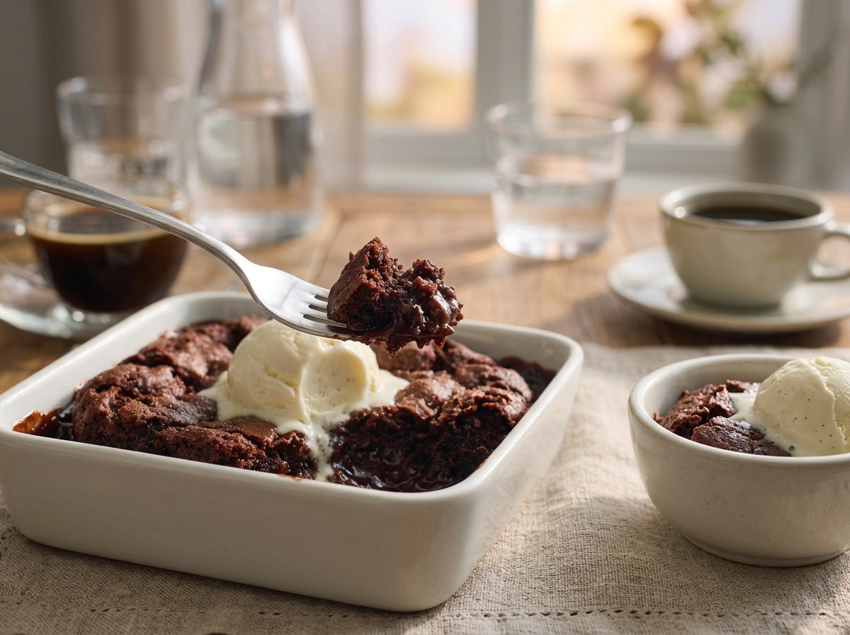 Two bowls of warm chocolate cobbler topped with melting vanilla ice cream on a linen-covered table at dusk.