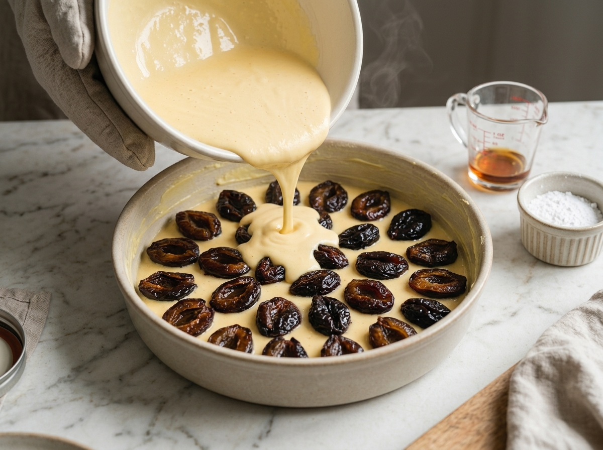Pouring pale egg batter over rum-soaked prunes in a buttered ceramic baking dish before it goes into the oven
