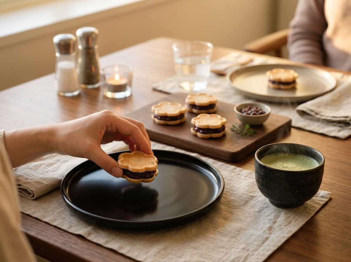 A hand lifting one monaka wafer sandwich from a lacquer plate beside a steaming cup of matcha on a linen tablecloth.