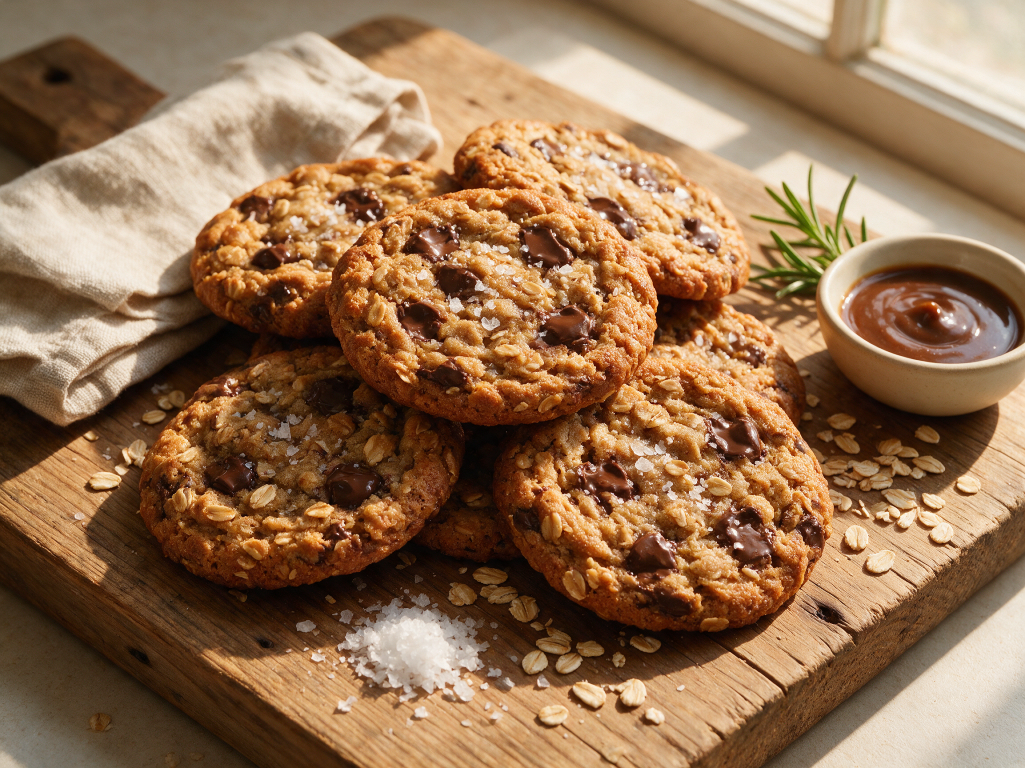 Stack of golden brown butter oatmeal cookies with melted chocolate chips on a rustic wooden board in warm light